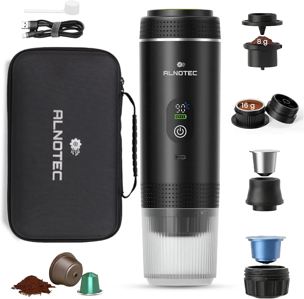 Macchina da caffè, portatile, USB, 3 in 1 compatibile capsule NES®, 2 Adattatori Caffè Macinato 8 g e 16 g, LED, DG® e Caffè Macinato
