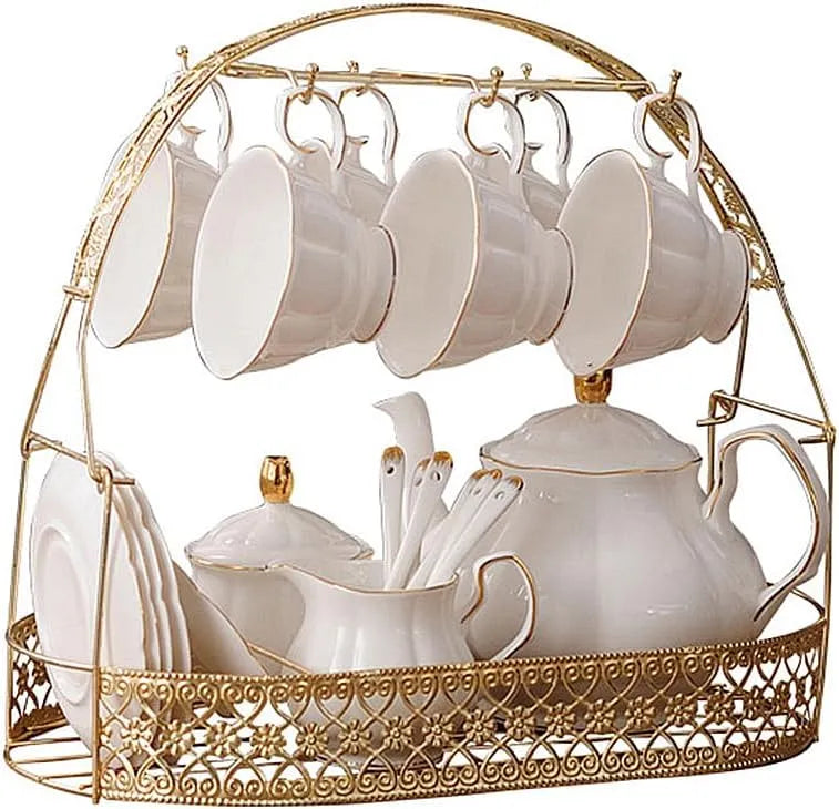 Set da caffè per Il tè Pomeridiano, Servizi da tè, fanquare Set da tè in Ceramica Bianca Semplice da 15 Pezzi, Tazze in Porcellana D'Osso per Adulti