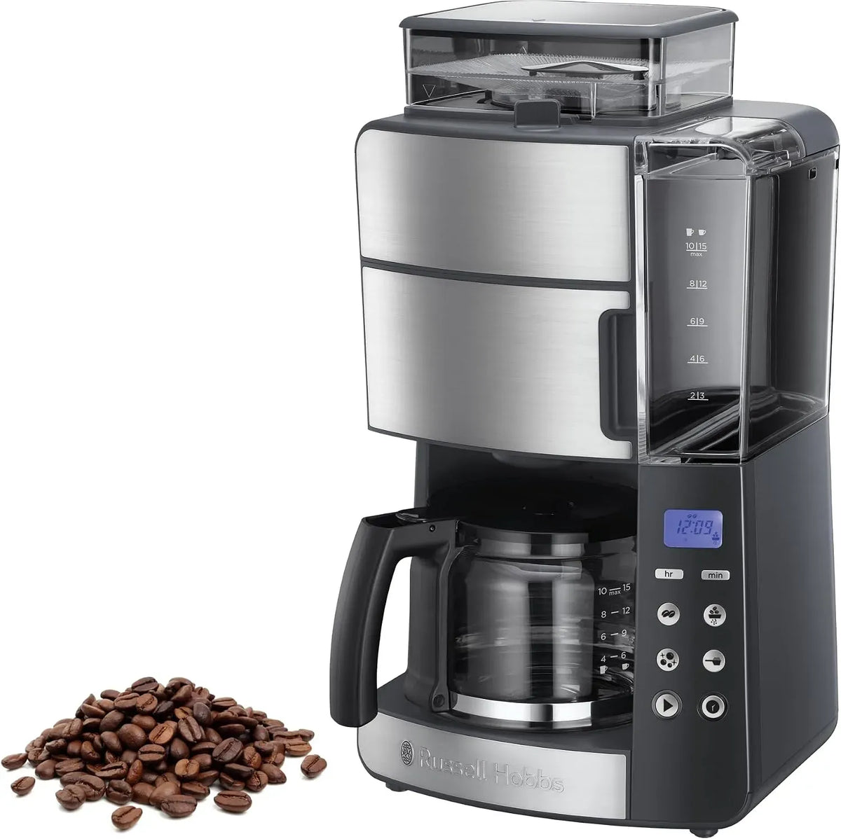 Russell Hobbs Filtro, macinino per chicchi di caffè, macchina da caffè elettrica, 10 tazze, timer, 3 livelli, vetro, per Estrazione e Aroma ottimali