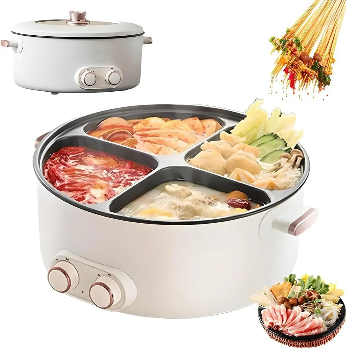 Pentola e padella, 6 L, 2000 W, libera installazione, 2 zone di temperatura, Pentole elettriche da 2000 W a 4 scomparti