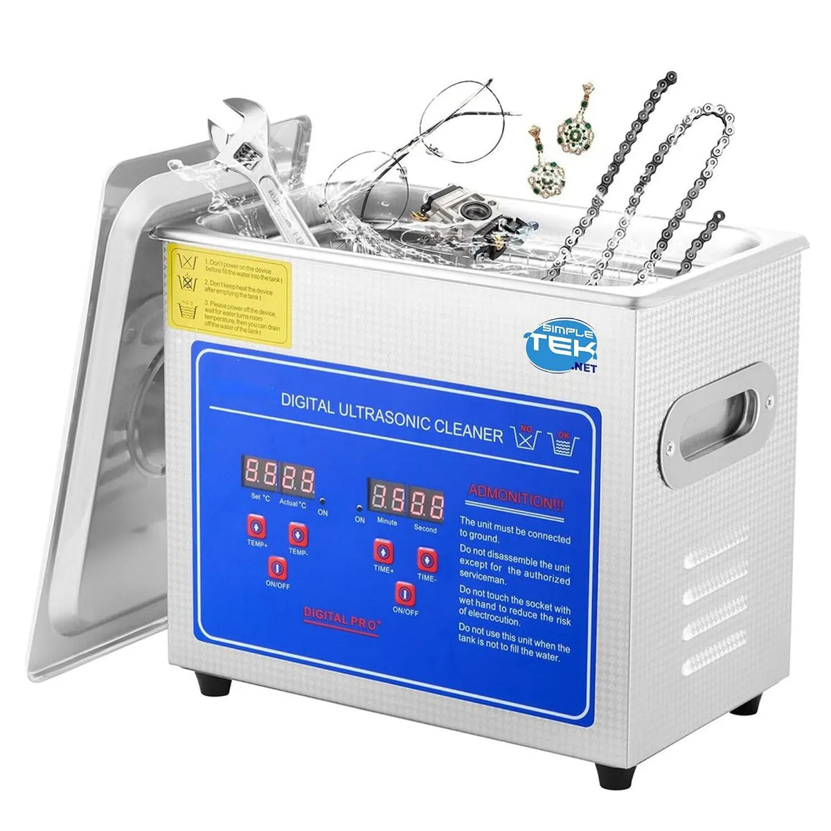 SIMPLETEK, Timer Digitale e Controllo della Temperatura, Vasca ad Ultrasuoni Professionale 3 Litri in Acciaio Inox dotato di Funzione di Riscaldamento