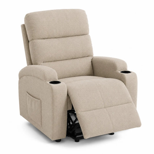 Poltrona Reclinabile in Tessuto Beige con Porta Bicchieri