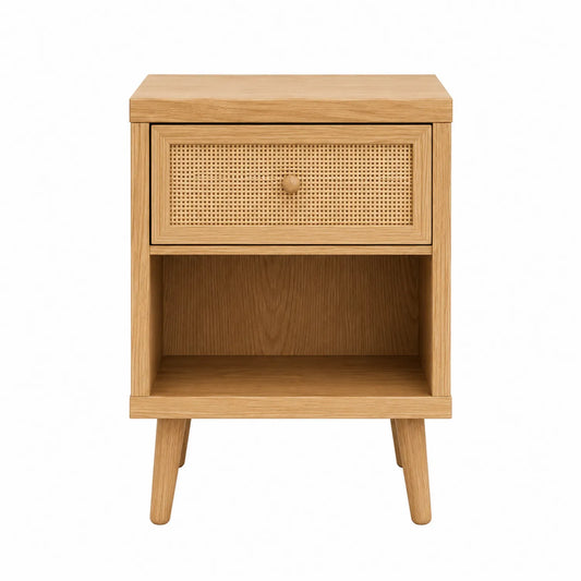 Comodino in legno con cassetto in rattan 45x35x65 cm