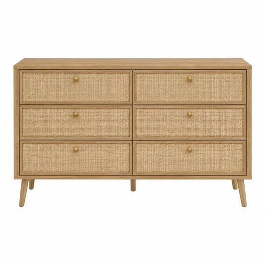 Cassettiera in Legno e Rattan 6 Cassetti