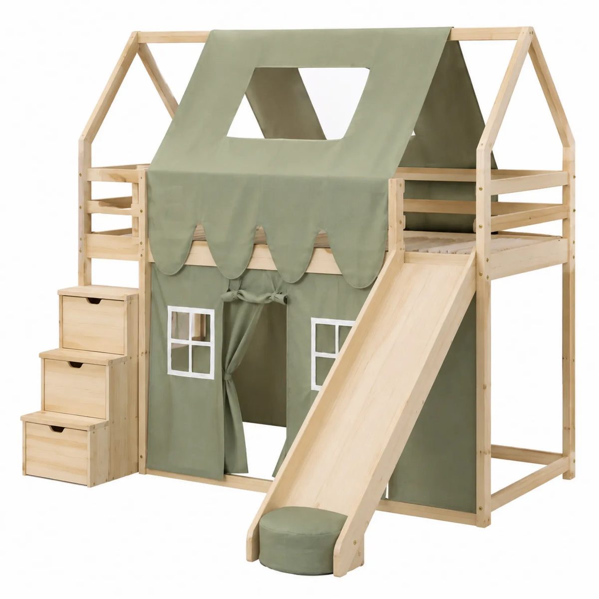 Letto a soppalco per bambini con scivolo in legno di pino verde