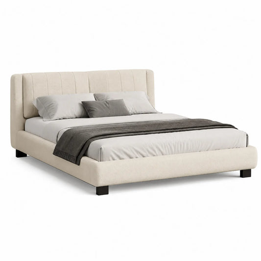 Letto matrimoniale in tessuto crema con testiera imbottita 200x160 cm