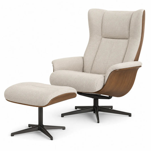 Poltrona e Sgabello in Tessuto Beige con Struttura in Legno e Base in Metallo