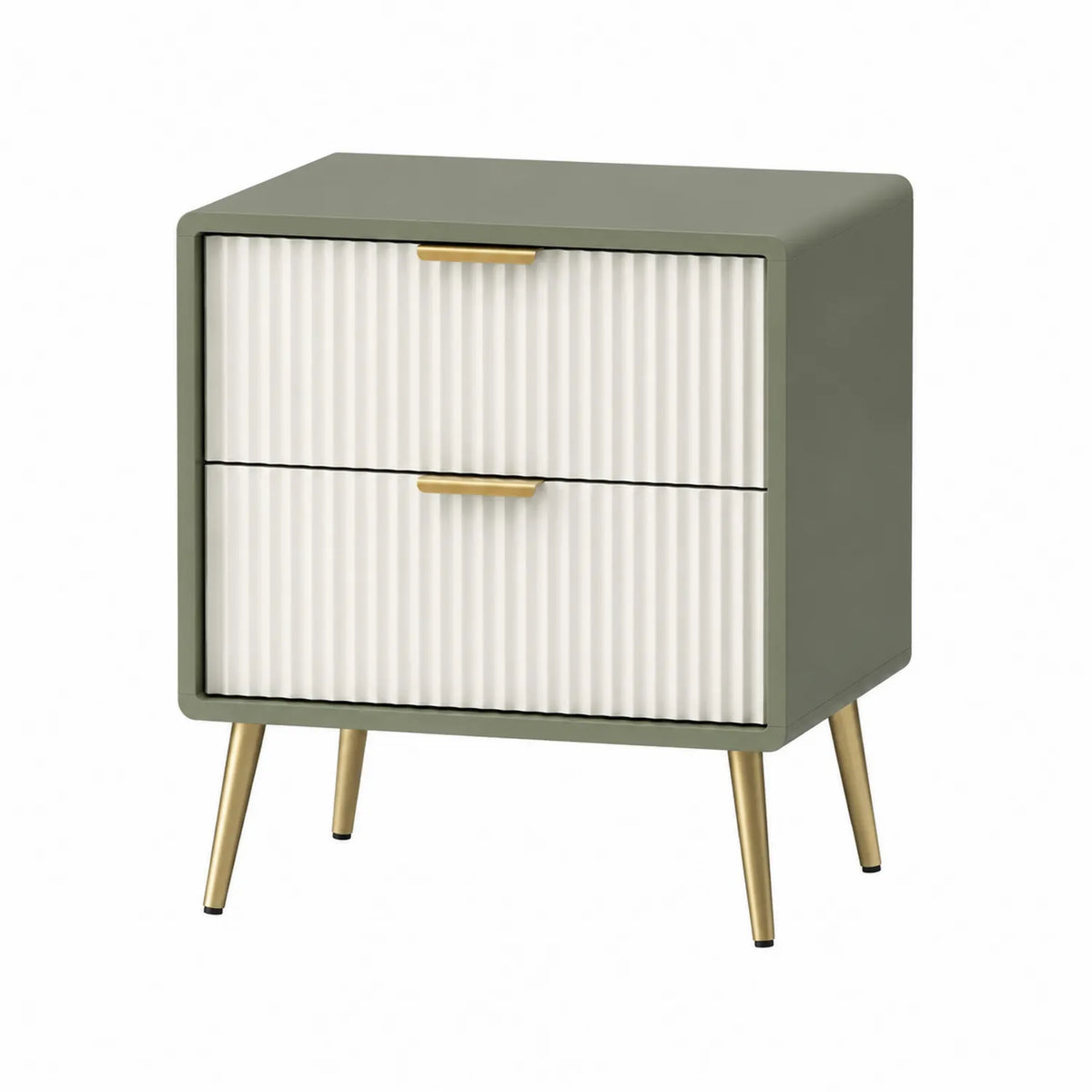 Comodino a 2 cassetti in legno MDF e metallo verde oliva e bianco