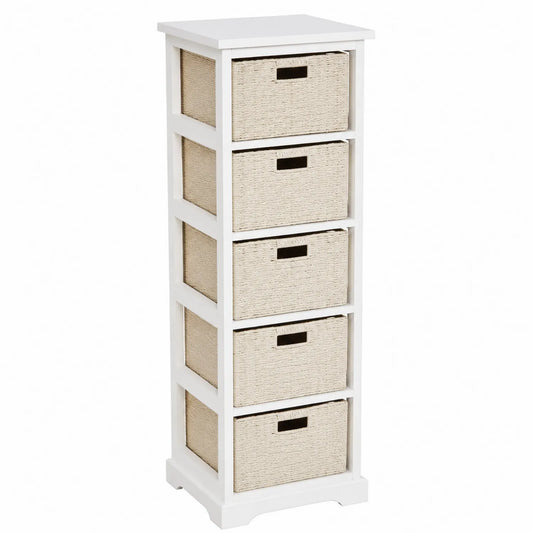 Cassettiera in Legno Bianco con Cesti in Rattan Beige 5 Cassetti