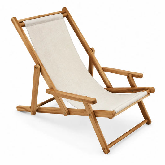Sedia a sdraio in legno di teak e tessuto beige