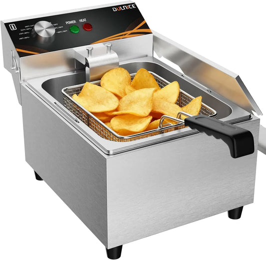 Patatine Fritte, 3000w Elettrica ad Olio Professionale in Acciaio Inox, 6 L Grande Capacità con Cestello e Coperchio per Ristoranti Rapidi