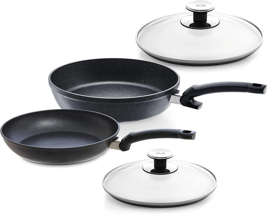 Set di padelle, 4 pezzi, Fissler Adamant Comfort, 2 padelle da 24 e 28 cm, dotato di coperchi in vetro, padelle in alluminio rivestito, antiaderente