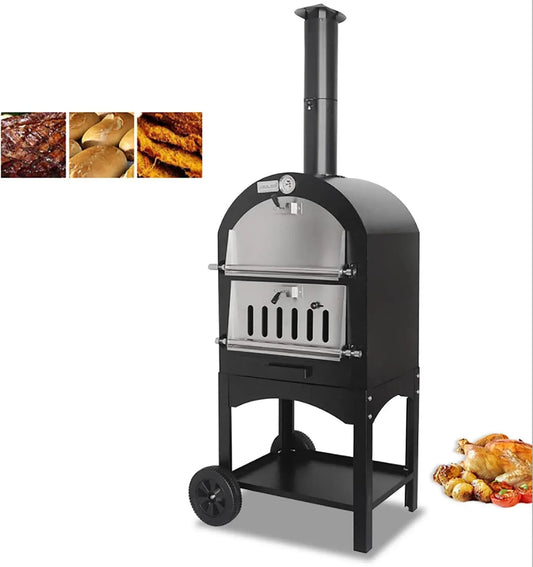 Forno elettrico per pizza, esterno, ruote di trasporto, grill, acciaio inox, Pietra refrattaria, Ideale per Barbecue, Grill e griglia a Carbone