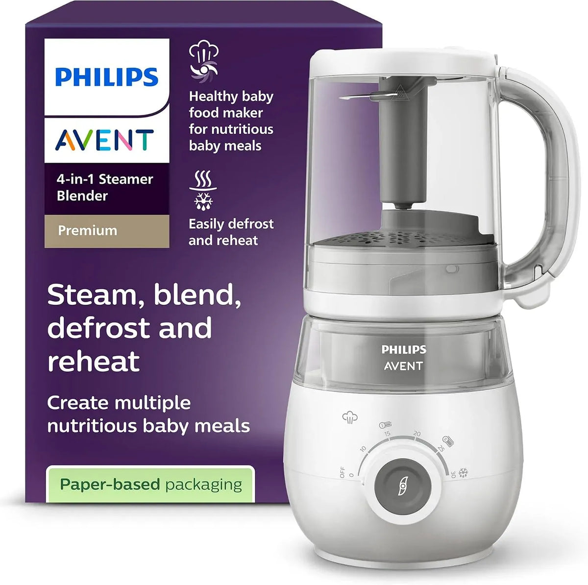 Philips SCF883/01 Bianco/Grigio, Cuoci a Vapore, Avent EasyPappa Plus 4 in 1 Cuocipappa Multifunzione, 1 litro, Frulla, Scongela e Riscalda in un