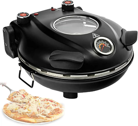 Forno elettrico per pizza, 1200 W, 50 a 420 °C, portatile, rivestimento antiaderente, 2 zone di temperatura, nero
