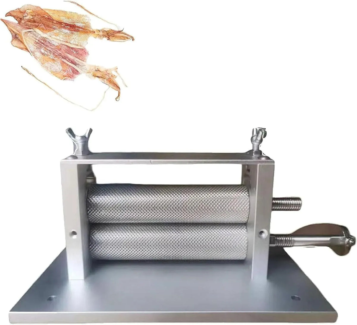 Macchina per goffratura, acciaio inox, per goffratura di calamari secchi a manovella