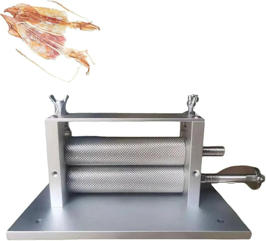 Macchina per goffratura, acciaio inox, per goffratura di calamari secchi a manovella
