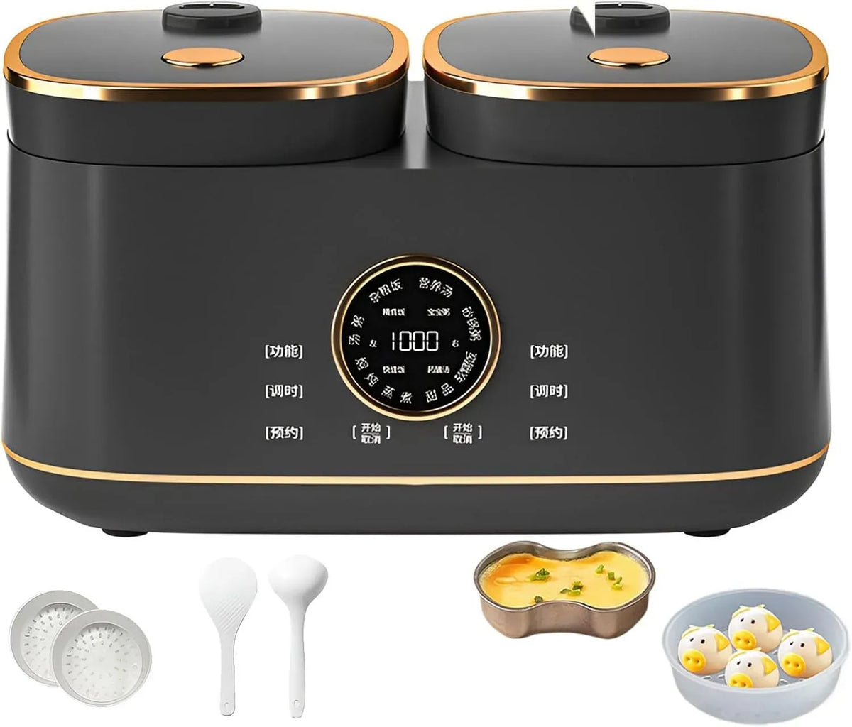 Pentola e padella, 2 L, Cuociriso 2L+2L 24H, rivestimento antiaderente, touch, nero, Appuntamento e 12 Menu Preimpostati, per 2-4 Persone Black