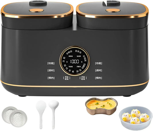 Pentola e padella, 2 L, Cuociriso 2L+2L 24H, rivestimento antiaderente, touch, nero, Appuntamento e 12 Menu Preimpostati, per 2-4 Persone Black