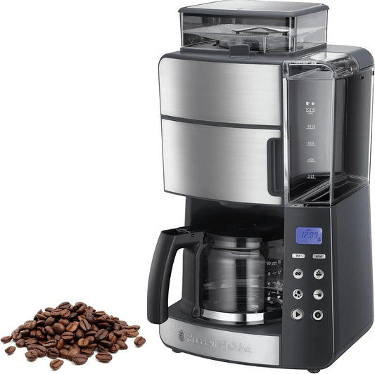 Russell Hobbs Filtro, macinino per chicchi di caffè, macchina da caffè elettrica, 10 tazze, timer, 3 livelli, vetro, per Estrazione e Aroma ottimali