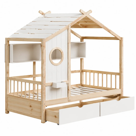 Letto per bambini a forma di casetta in legno di pino con cassetti bianchi