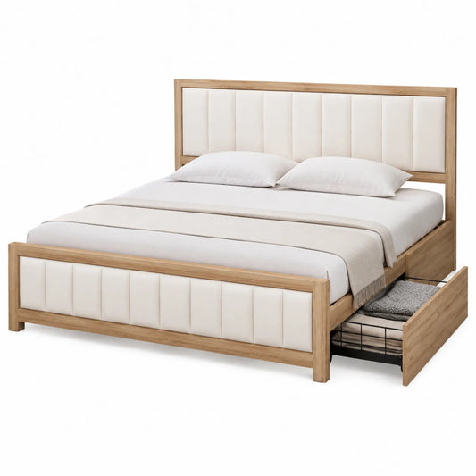 Letto Matrimoniale con Testiera in Ecopelle e Struttura in Legno con Cassetto 200x160 cm