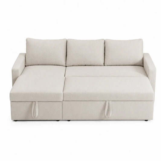 Divano Letto Angolare in Tessuto Beige con Contenitore