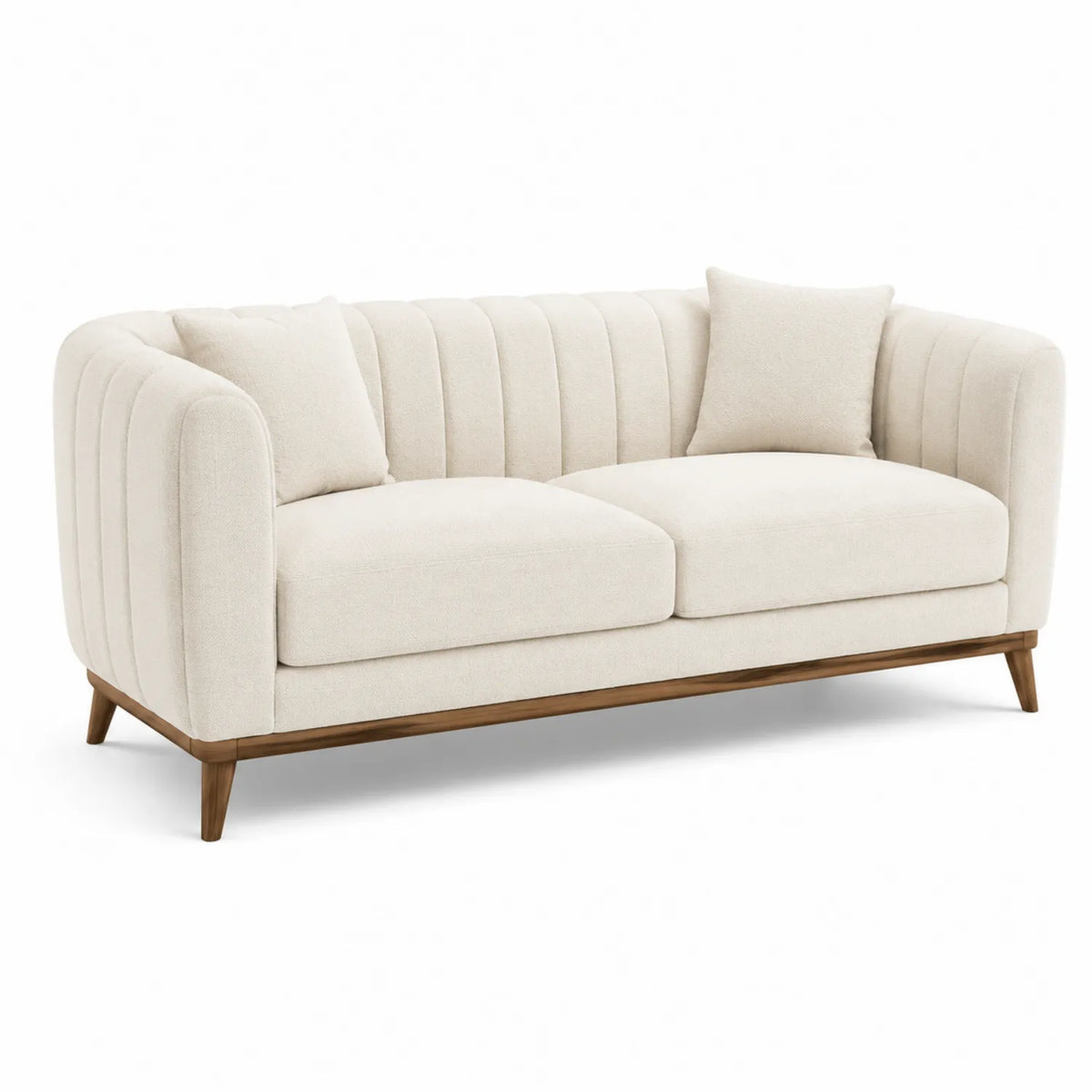 Divano in legno e tessuto beige con cuscini