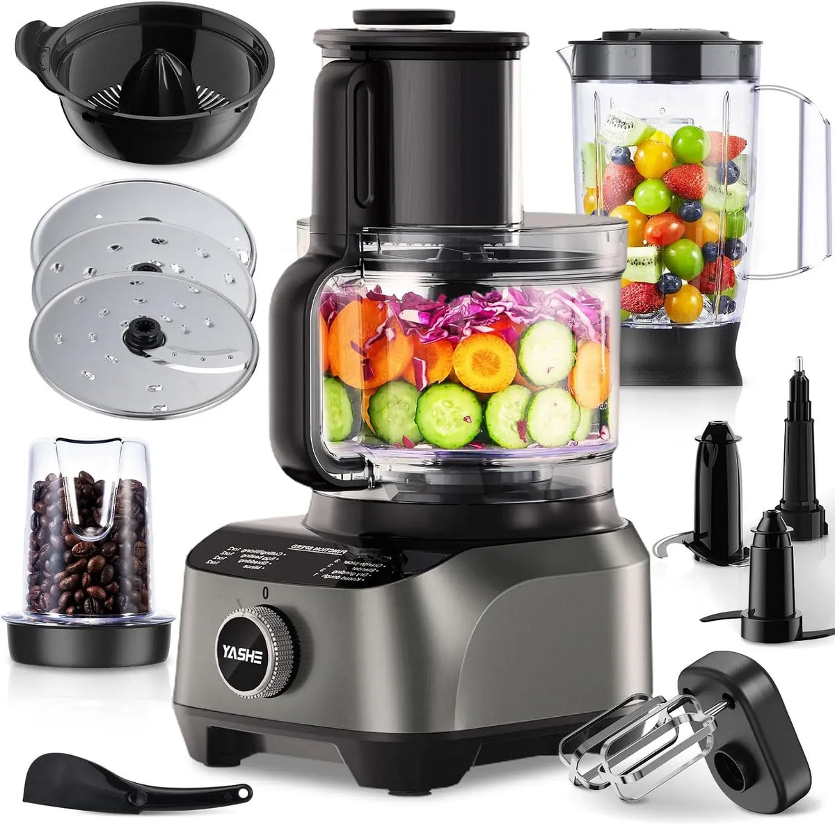 Robot da cucina, 2,5 L, YASHE, 3 velocità, 2,5L Ciotola & 1,5L Bicchiere Frullatore, 3 Velocità + Pulse, 1,5 L