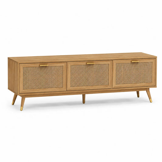 Mobile TV in legno naturale con ante in rattan e gambe in metallo