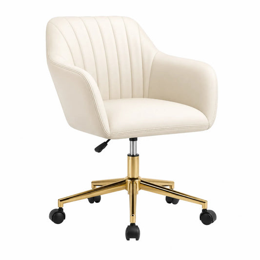 Sedia da ufficio in similpelle con base in metallo dorato e rotelle beige