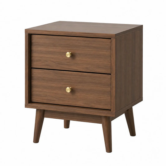 Comodino 2 Cassetti Legno Noce con Maniglie in Metallo Oro