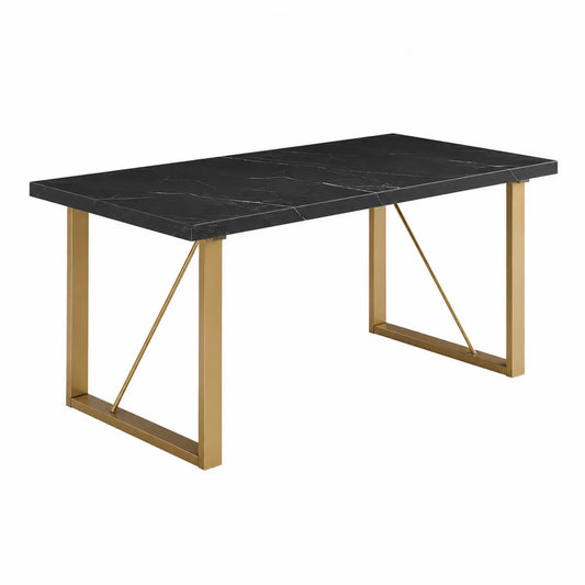 Tavolo da pranzo rettangolare in marmo nero e metallo dorato 180x90x75 cm