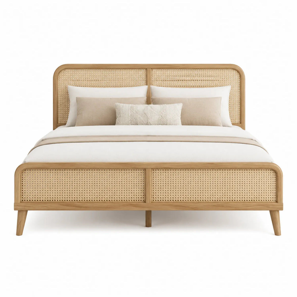 Letto matrimoniale in legno di quercia con testiera in rattan 200x160 cm