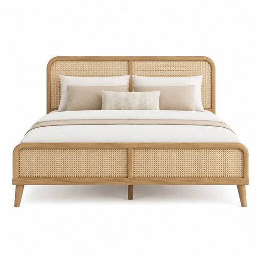 Letto matrimoniale in legno di quercia con testiera in rattan 200x160 cm