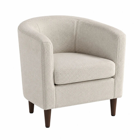 Poltrona in tessuto boucl¨¦ beige con gambe in legno