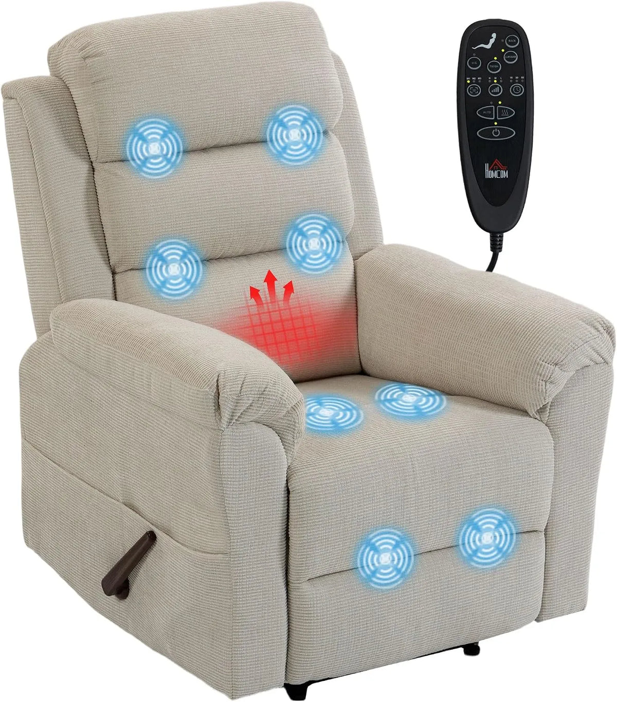 Poltrona relax con massaggio, HOMCOM, funzione riscaldante, Poltrona Massaggiante Reclinabile Manuale 135° Riscaldante Crema