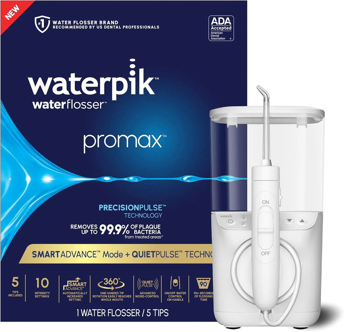 impianti ADA, Waterpik Promax, Idropulsore con modalità SmartAdvance per la salute quotidiana delle gengive e la pulizia dei denti, apparecchi